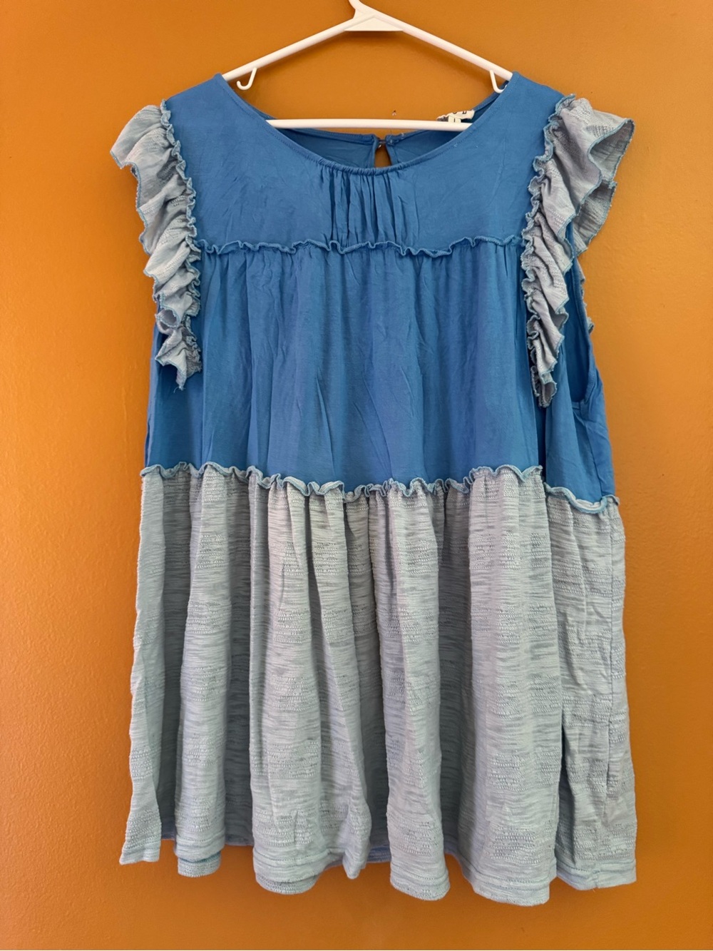 POL Two-Tone Blue Ruffle Sleeve Tunic